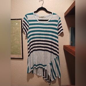 Little Yellow Button Asymmetrical Blue Striped Shirt - Women's Size Large